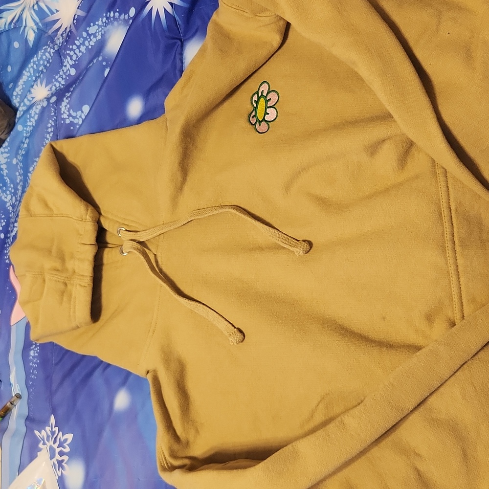 Sz L Mens Neon Riot Flower Hoodie Sweatshirt Camel Tan Brown Hood Pullover Patch